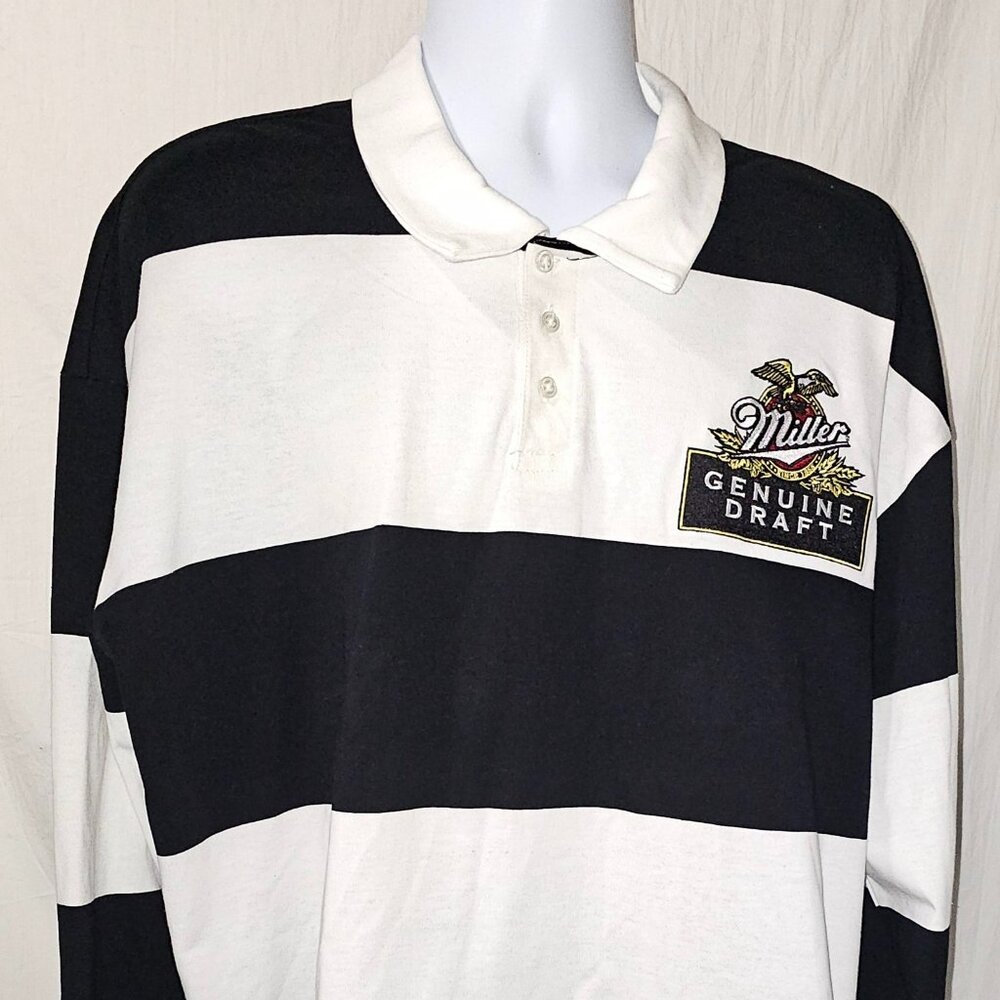 Embroidered Miller Genuine Draft MGD Beer Polo Shirt XL and Large Black & White
